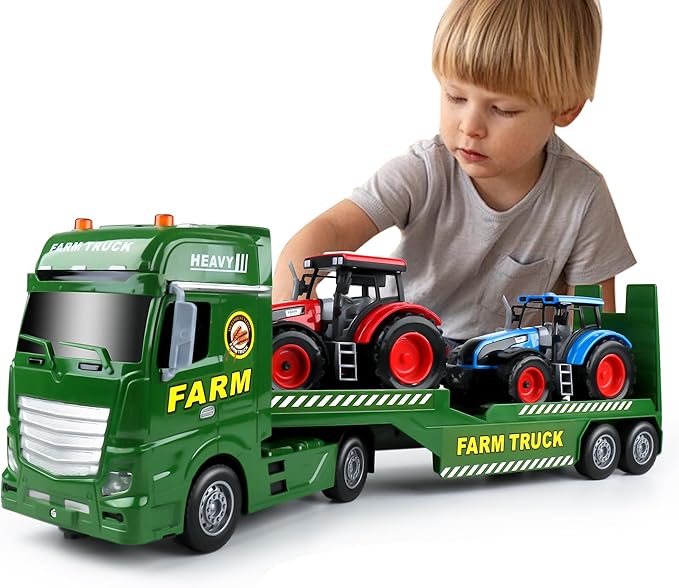 Dwi Dowellin Large Flatbed Semi Truck Toy for Kids,Includes Farm Vehicles,Car Toy Birthday Gift for 2 3 4 5 Years Old Boys and Girls
