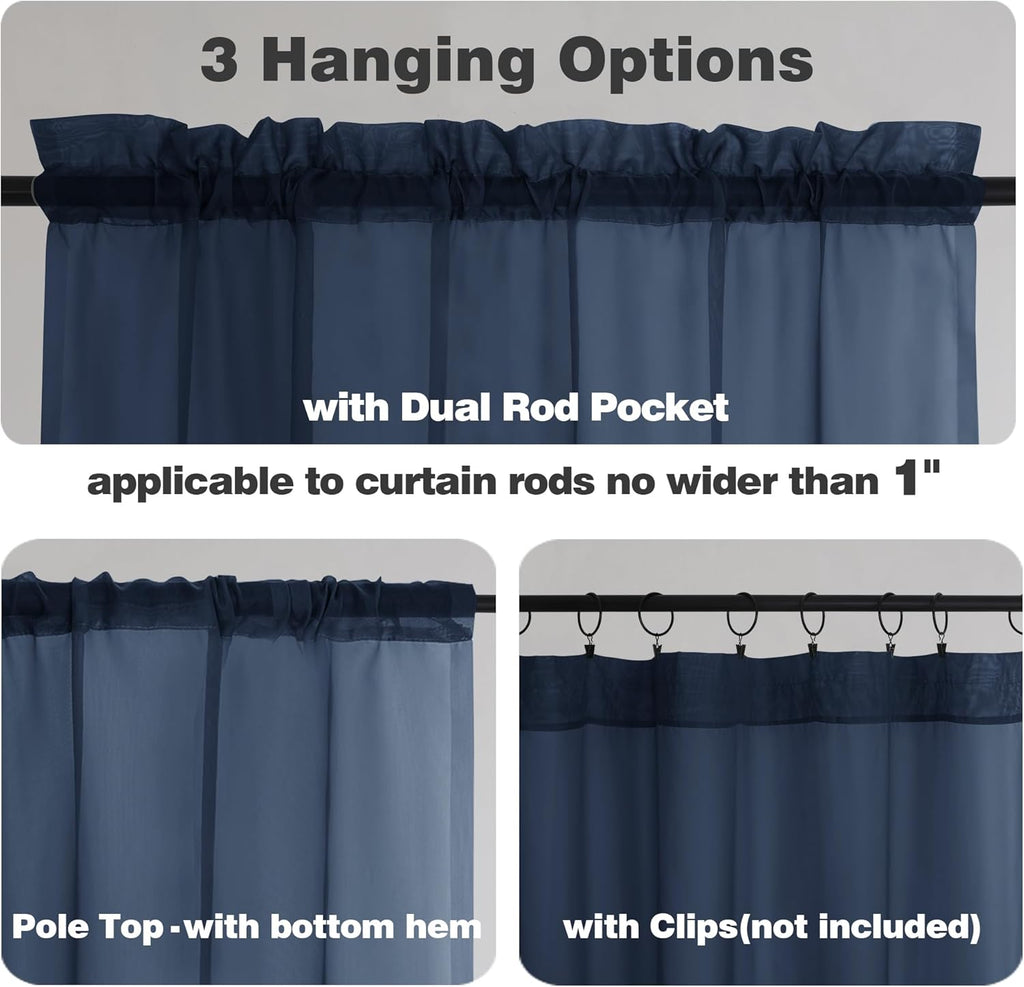 Chyhomenyc Sheer Curtains Extra Long 96 inch 2 PCS- Casual Style Airy & Breathable with Amount Light Sheer Panels for Patio/Glass Door (1 Pair Set=Total 84 inches Wide, Each W42 x L96, Navy Blue)