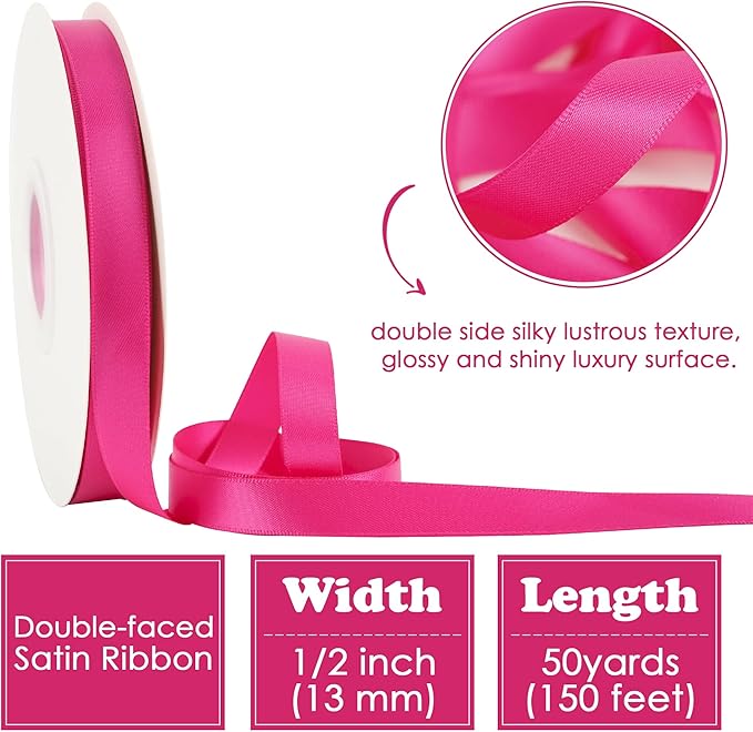 HUIHUANG Hot Pink Satin Ribbon 1/2 inch X 50 Yards Continuous Fuchsia Double-Faced Satin Ribbon for Gift Wrapping, Bows, DIY Crafts, Flower Bouquet, Wedding Bridal Shower Decor, Flower Crown