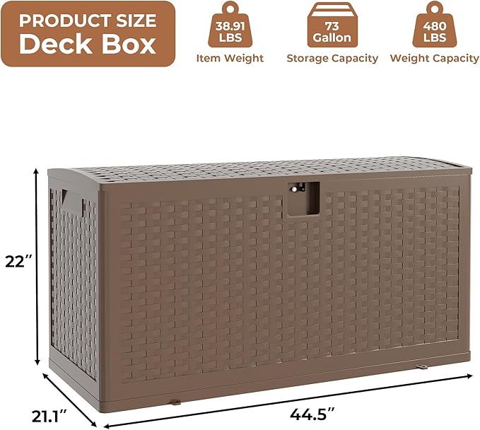73 gal Brown Resin Deck Box, Outdoor Storage Box Waterproof Lockable, Patio Deck Box For Package Delivery, Outside Storage Box Container for Furniture Cushions, Garden Tools, Pool Accessories