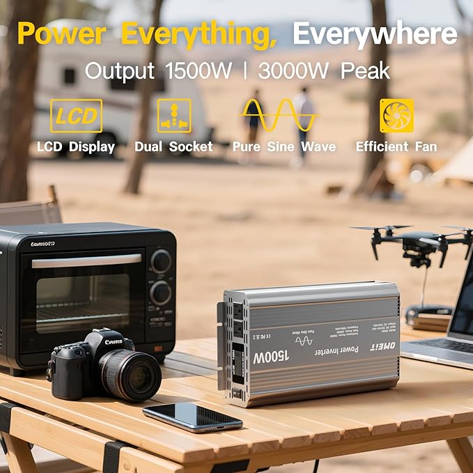 1500W Pure Sine Wave Power Inverter, 12V DC to 110V/120V AC for Car, RV, Truck, Home, Off-Grid, Camping with 2 AC Outlets, LCD Display and 3000W Surge