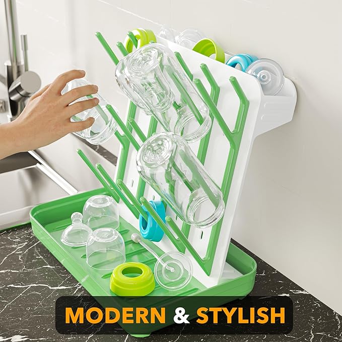 SpaceAid Baby Bottle Drying Rack with 20 Hooks, Space Saving Kitchen Bottles Rack Dryer, Vertical Baby Bottle Holder Organizer for Countertop Storage Accessories (White and Green)