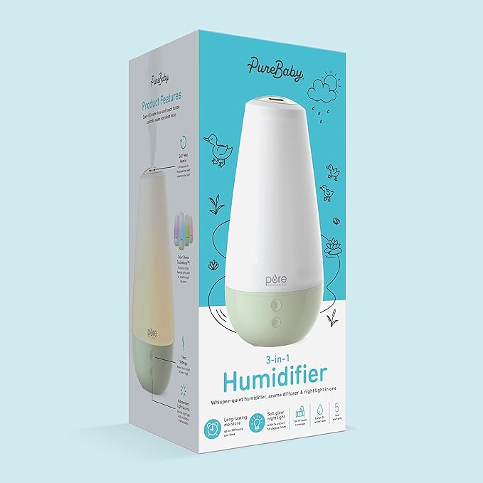 Pure Enrichment® PureBaby® 3-in-1 Whisper-Quiet Humidifier, Color Changing Night Light, & Essential Oil Diffuser for Baby Nursery & Kids Bedroom to Relieve Congestion, Colds, & Coughs (Whisper Green)