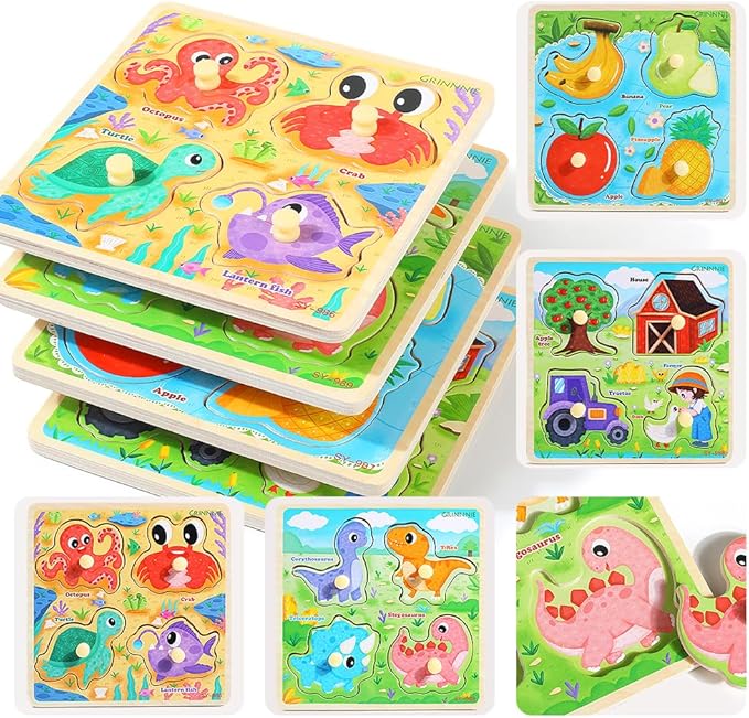 GRINNNIE Wooden Toddler Puzzles, 1 2 3 Years Old Learning Montessori Peg Puzzle Toy Set for Toddlers, 4 Pcs Educational Portable Size Travel Knob Puzzle Toys, Gift for 1-3 Boy Girl Birthday Christmas