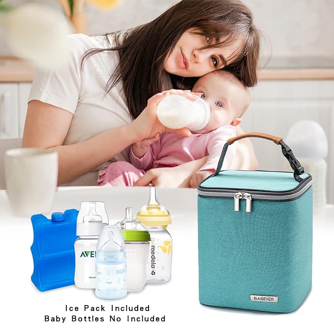 Breast Milk Cooler Bag with Ice Pack Fits 4 Baby Bottles Up to 9 Ounce, Baby Bottle Bag for Nursing Mom Daycare-Aqua