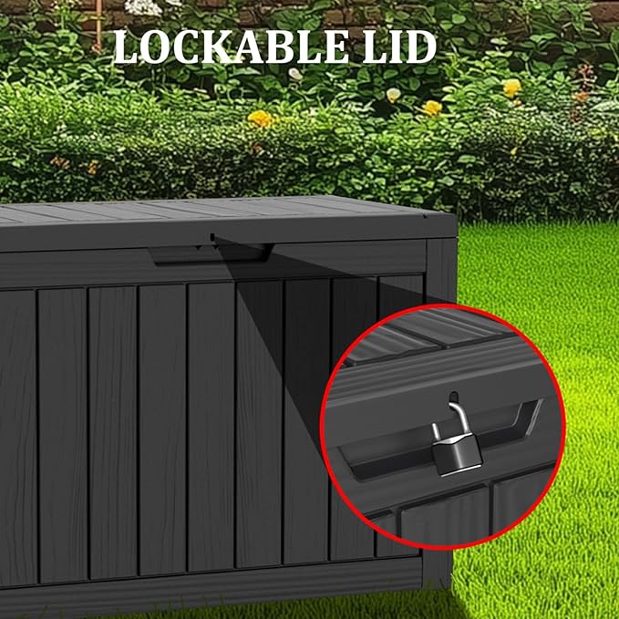 180 Gallon Waterproof Deck Box, Lockable Resin Storage Box for Patio Furniture Cushions Garden Tools and Outdoor Delivery Storage, Black