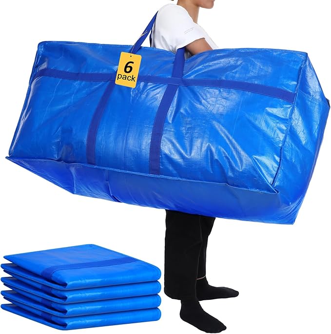 6 Pcs 66 Gallon Large Moving Bags with Zipper and Handles Foldable Storage Duffle Bags Heavy Duty Extra Large Totes for College Dorm Travel Clothes Blankets Bedding Moving (Blue)