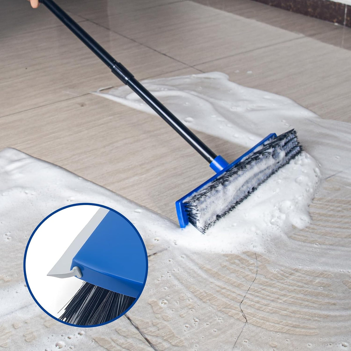16 Inch Push Broom Outdoor 2 in 1 with Rubber Squeegee and Stiff Bristle Deck Brush 58" Long Handle for Deck Patio Garage Warehouse Driveway Concrete Floor Cleaning Scrubbing(Blue)