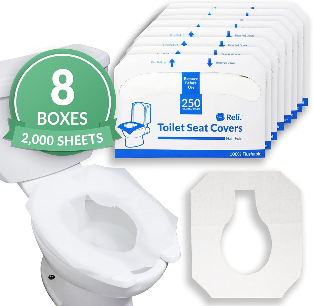 Reli. Toilet Seat Covers (2000 Pcs, 8 Packs of 250) | Disposable Toilet Seat Cover - Flushable - 14x16" (Half-Fold) | Paper Liners for Restroom, Bathroom, Travel, Camping, Kids Potty Training