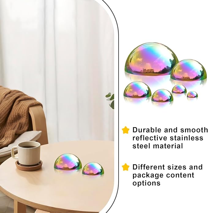 Nerien Gazing Ball, Stainless Steel Garden Mirror Globe, Polished Ornament Sphere, Hollow Floating Reflective Hemisphere, for Home Outdoor Pond Housewarming Swimming Pool Decoration, Gold, 6Pcs Mix