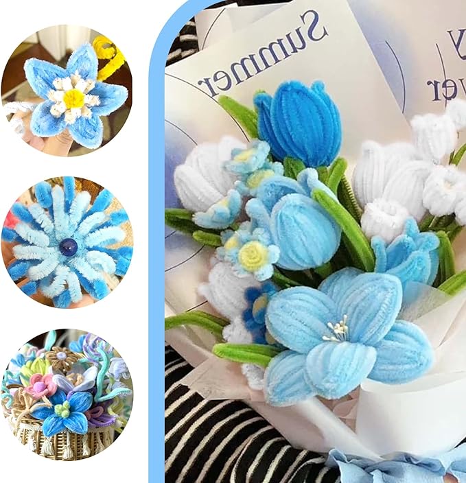 500 Pcs Pipe Cleaners Craft，5 Colors Pipe Cleaners Bulk,Chenille Stems Flowers Craft kit for DIY Handmade Bouquet Wrapping Party Decorations whit Ribbons，Stems,Tape，Stamens, Glue Sticks (Blue)