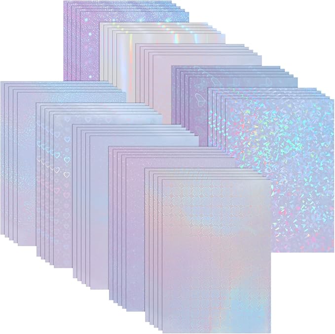 KEILEOHO 50 Sheets A4 Holographic Paper Sticker, 10 Patterns Styles Clear Waterproof Self Adhesive Film, 11.7 x 8.3 Inches Holographic Cardstock