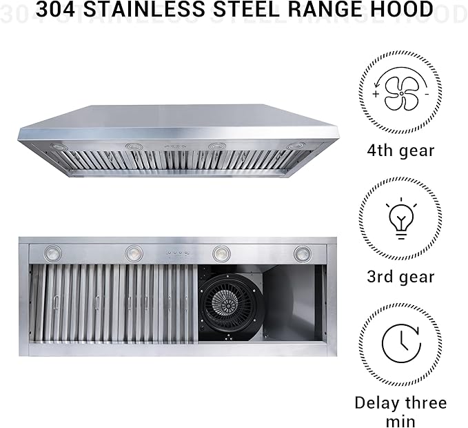 CHETTO C Stainless Steel Range Hood Cover with 4-Speed Vent Hood Insert Custom Handcrafted Metal Kitchen Fan with Towel Rack LED Light 42"W x27"D x54"H White Island Mount