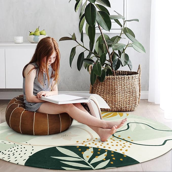 Lahome Boho Round Rugs - 4Ft Washable Non-Slip Small Round Area Rug Throw Soft Cute Round Nursery Rug Non-Shed Lightweight Bathroom Rug, Green Botanical Print Circle Rug for Bedroom Dorm Kids Room