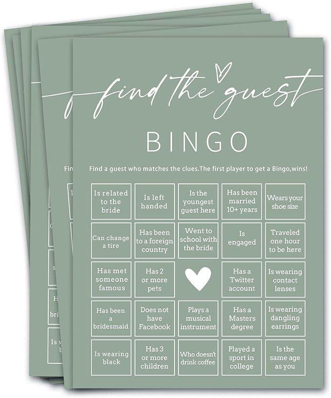 Bridal Shower Games Cards, 25Pcs Prefilled Find The Guest Bingo Game Cards, Engagement Party Games for Guests, Minimalist Green Wedding Party Supplies - C19