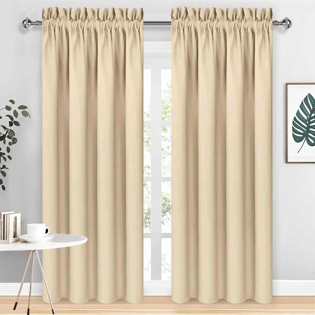 DWCN Blackout Curtains Room Darkening Thermal Insulated Bedroom Curtains Window Curtain Panels, 52 x 84 inches Long, Set of 2 Beige Rod Pocket Drapes
