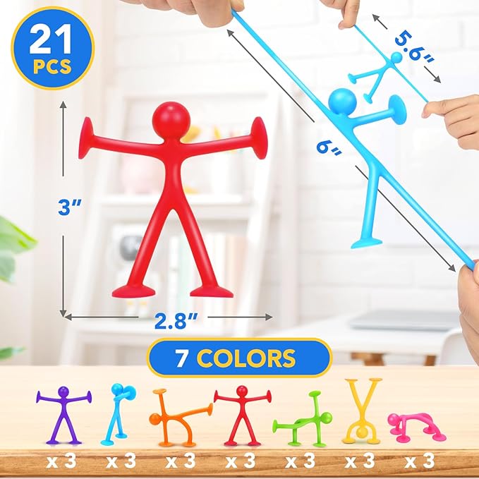 OleOletOy Suction Fidget Toys for Kids: 21 Pack Suction Cup People Toys - Fidget Toys Bulk Treasure Box Toys for Kids Autism Classroom Calm Down Corner - Prizes for School Party Favors