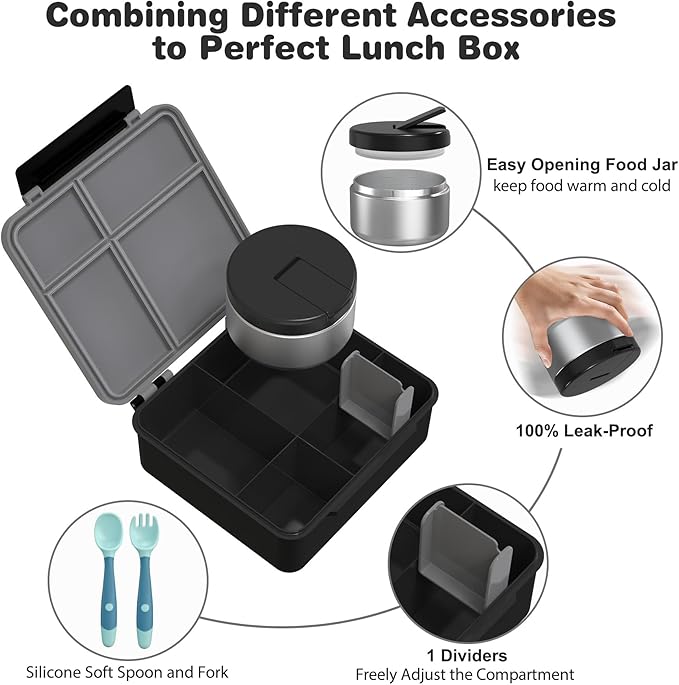 Kids Bento Lunch Box with 8oz Soup Thermo, Water Bottle, Kids Leakproof Lunch Food Containers with 4 Compartment, Insulated Hot Food Jar with Lunch Bag for School, Trvael (Black)