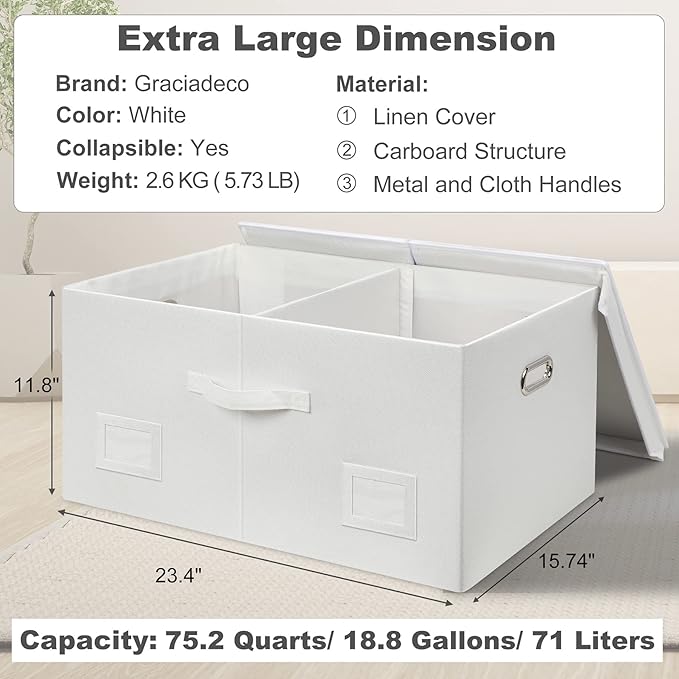 75 Quarts Extra Large Decorative Storage Bins with Lids, 1 Pack White Collapsible Storage Bins with Lids, Stackable Storage Bins Decorative Box Storage With Lid Extra Large