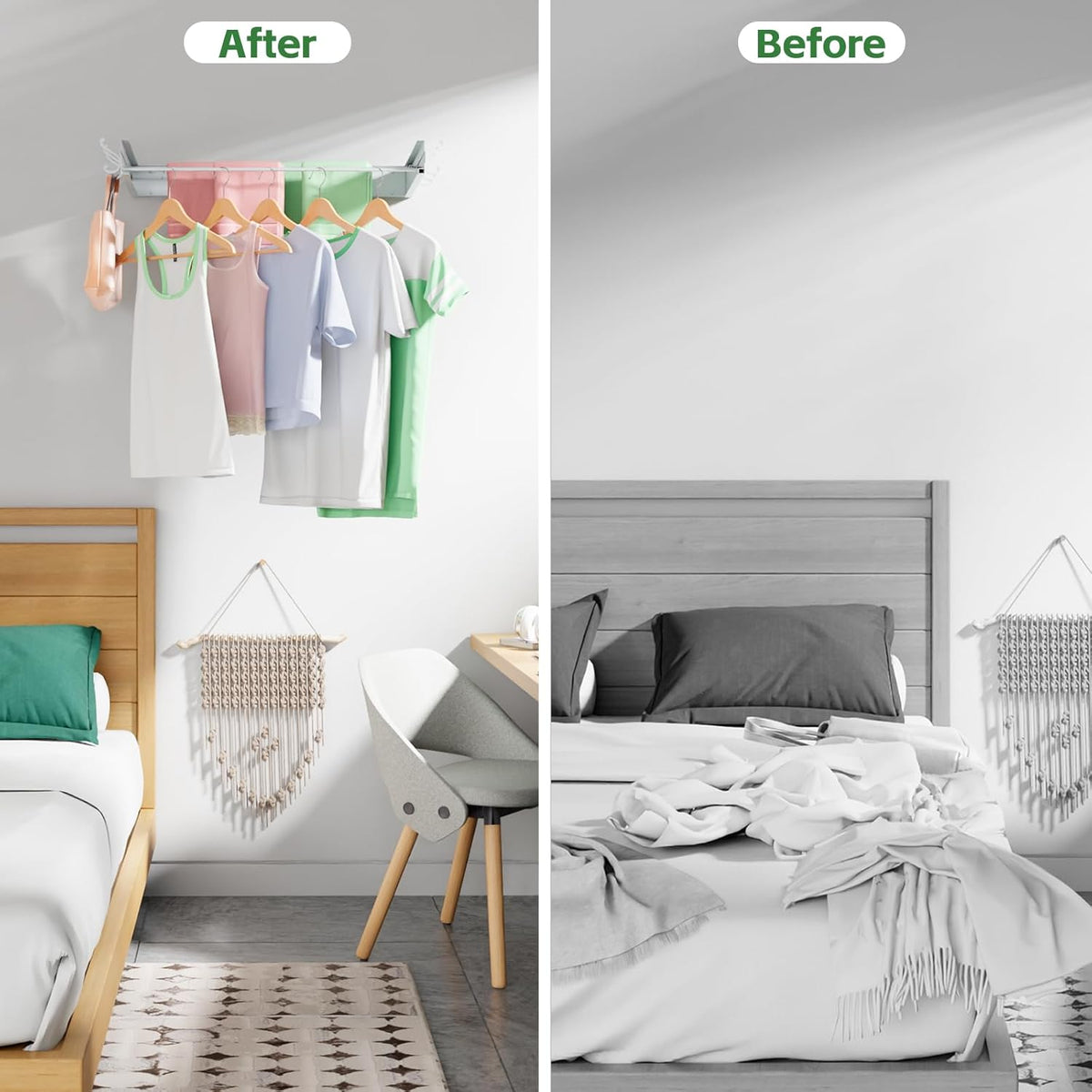 BAKON Clothes Drying Rack Wall Mounted 40", Laundry Clothes Drying Rack Collapsible with 6 Towel Hooks and 5 Rods for Hanging Clothes, Space Saving Laundry Rack for Small Space Bathroom Bedroom(40")
