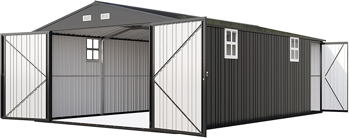 AMERLIFE 13x21x8.4 FT Outdoor Metal Garage Shed, Extra Large Storage Shed with Double Hinged Doors & 4 Windows, Carport for Car, Truck, Bicycle and Equipment Storage, Dark Gray