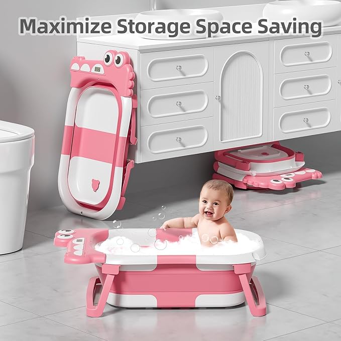 MoreFeel Collapsible Baby Bathtub for Newborn with Thermometer & 1 Hooded Towel & 1 Soft Floating Cushion,Portable Travel Bathtub with Drain Hole, Durable Foldable Baby Tubs for Infants to Toddler