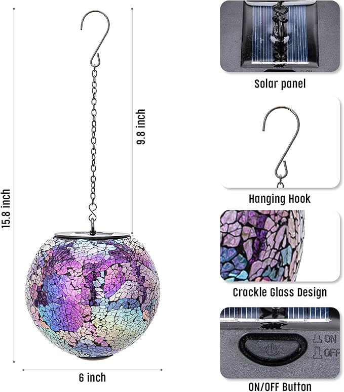 VCUTEKA Solar Lanterns Outdoor Waterproof - Hanging Solar Lights Garden LED Lanterns Mosaic Crack Glass Design for Landscape Patio Yard Garden Pathway Decoration