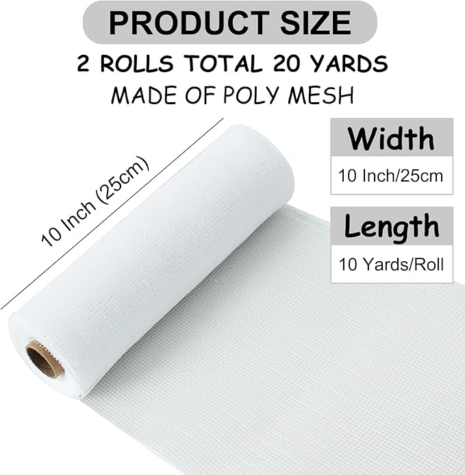 TONIFUL 2 Rolls 10 Inch White Decorative Mesh Ribbbon Rolls, Fabric Mesh with Foil for Mesh Wreath Supplies, Front Door Wreath Crafts Tree Decor Christmas NewYears Halloween Decoration (10 yds/roll)