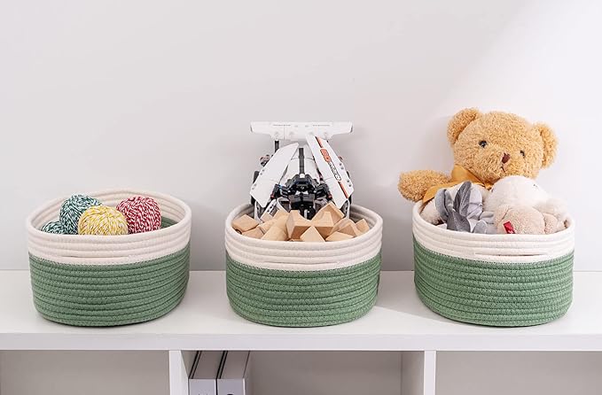 Shelf Storage Baskets for Organizing|Cute Basket for Closet&Blanket Storage|Small Woven Baskets to Store Toys,Books,etc.-13x8.66x5.11’’ Cotton Rope,Stylish,Oval 3 Packs Off White&Green