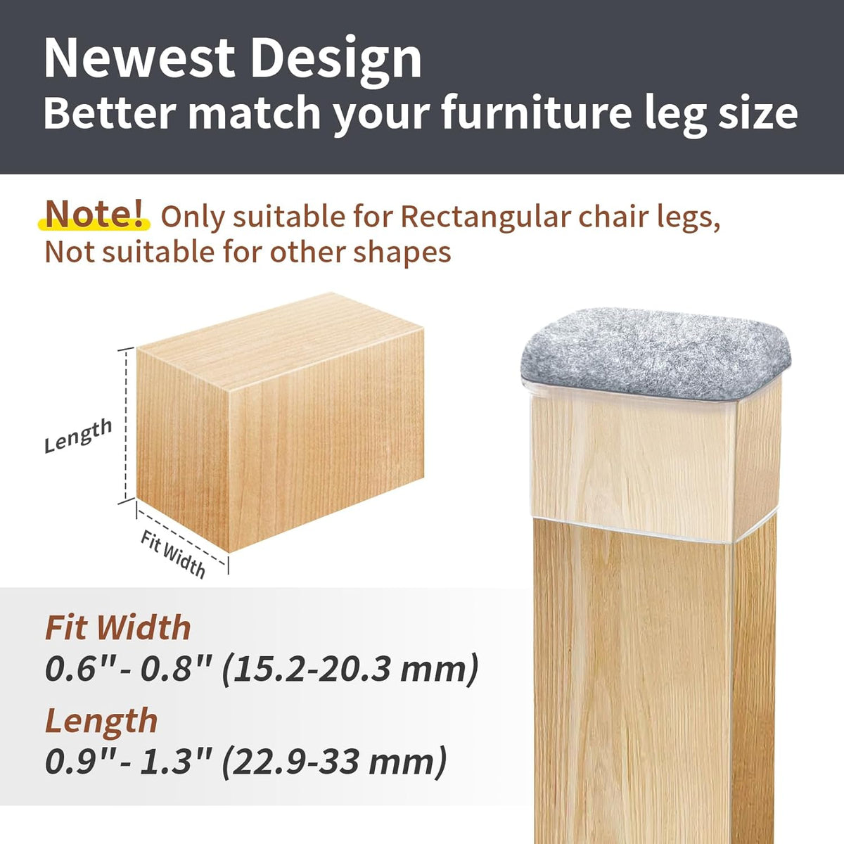 Ezprotekt 8 Pcs Rectangle Grey Felt Chair Leg Floor Protectors for Hardwood Floors, Rectangle Silicone Chair Leg Caps, Furniture Leg Covers Cups for Table Desk (Fit W :0.6-0.8", L: 0.9-1.3")