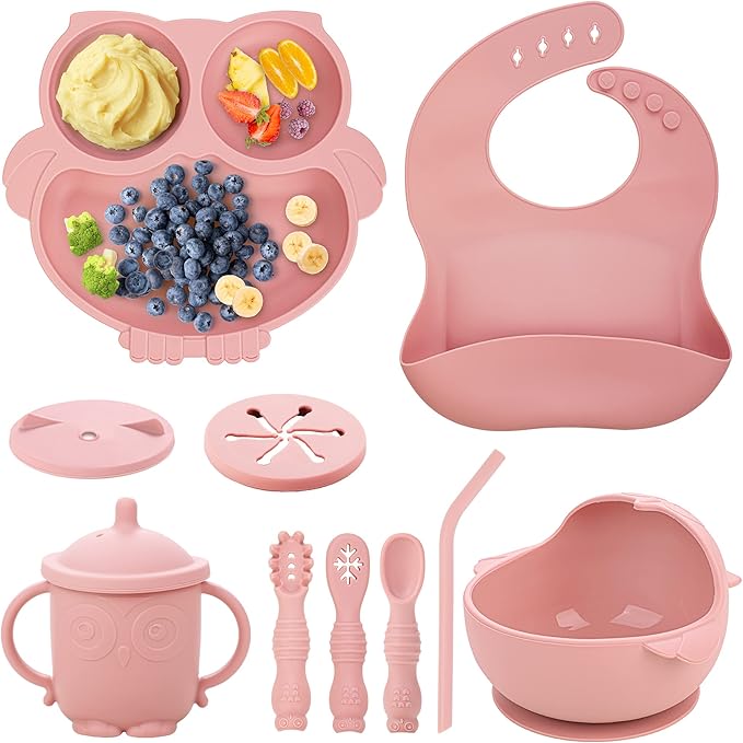 Baby Weaning Set - Silicone Toddler Feeding Set (10 Pcs) with Adjustable Bib, Suction Bowl, Plate, Fork, Spoon, Water & Snack Cup Kit - Baby Led Weaning Kit