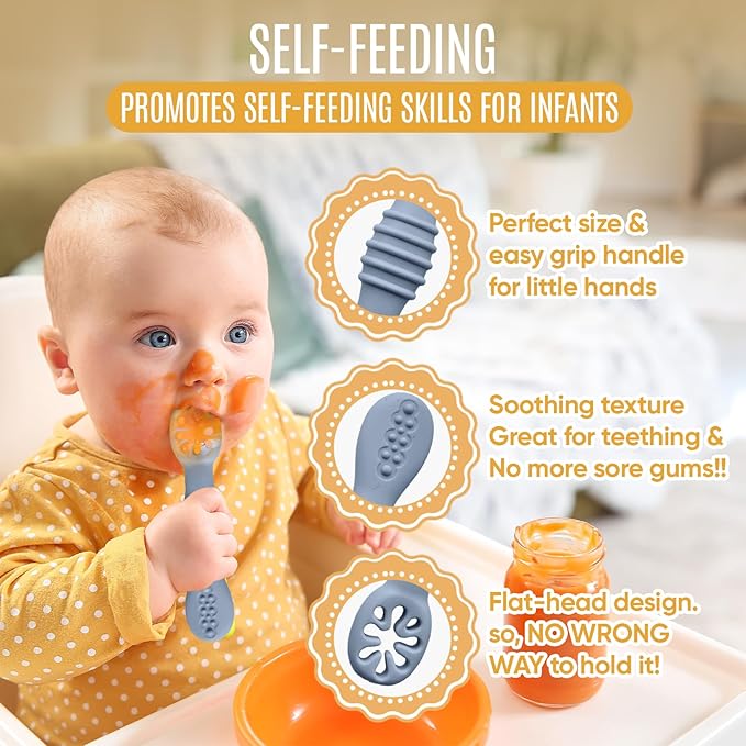 4pc Silicone Baby Spoons Self Feeding Baby Utensils 6-12 Months - 3 Baby Spoon - 1 Baby Fork - Toddler Cutlery Set - BPA Free, Dishwasher Safe - Baby Eating Essentials (Gray/Beige)