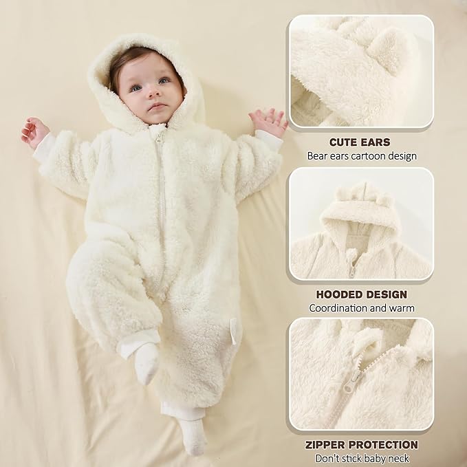 Newborn Baby Bear Outfit Suit Girls Boys Fleece Jumpsuit Romper Hooded Winter Snowsuit Clothes
