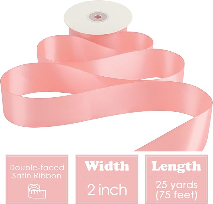 HUIHUANG Blush Pink Ribbon 2 inch Double Face Blush Satin Ribbon Wedding Ribbon for Flower Bouquet, Dress Chair Sashes, Invitations Card, Gift Wrapping, Bows, Crafts, Holiday Decor -25 Yards/Roll
