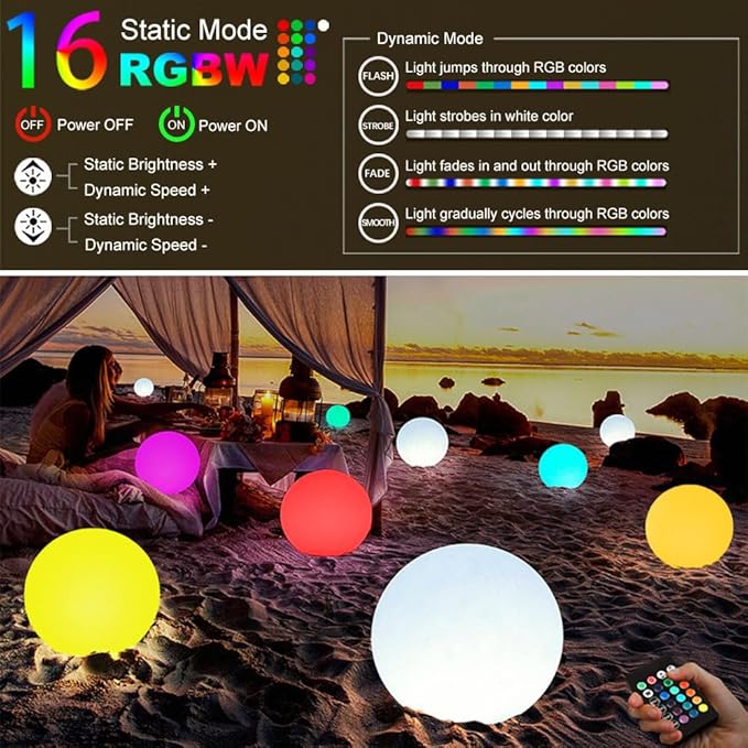 Large LED Glowing Ball Light, 20-in Outdoor LED Garden Orb Lights, Rechargeable Globe Lights RGB Color Changing Globe Floor Lamp Mood Lamp w/Remote, Waterproof Light Up Ball Light for Patio Lawn Decor