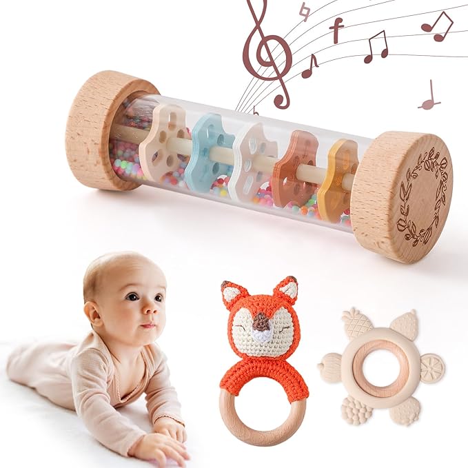 Youuys Wooden Baby Rattle Set (3pcs) - Crochet Rattle Rain Stick Teething Toys, Wooden Montessori Toy for Newborn Infant Baby Rattles Set Toys 3-6 Months (Fox)