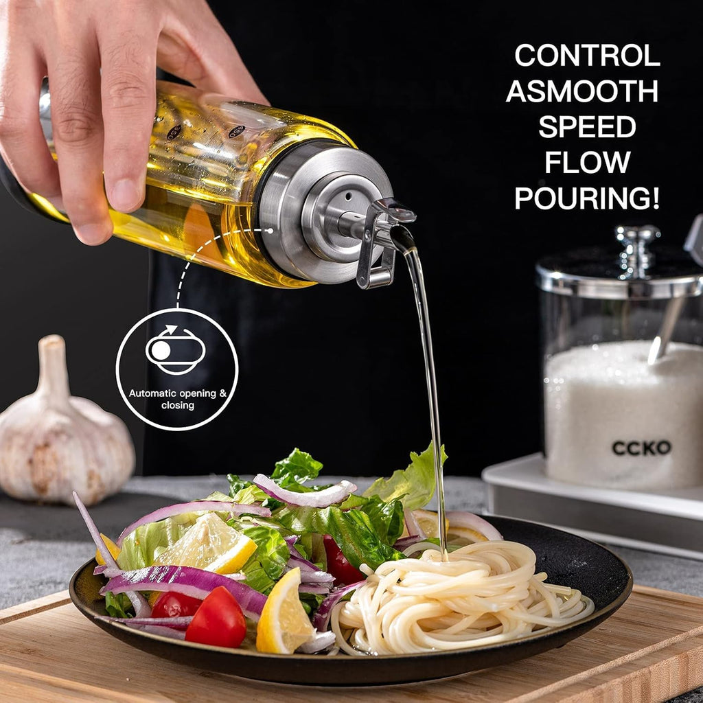 Glass Olive Oil Dispenser Bottle with Stainless Steel Spouts - Shatterproof 350ml Cooking Oil & Vinegar Cruet Bottle - Carafe for Kitchen