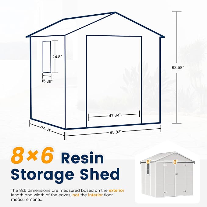 UDPATIO Resin Storage Shed 8 x 6 FT, Outdoor Garden Sheds with Floor Plastic Patio Outdoor Storage Shed with Lockable Door, Sandstone