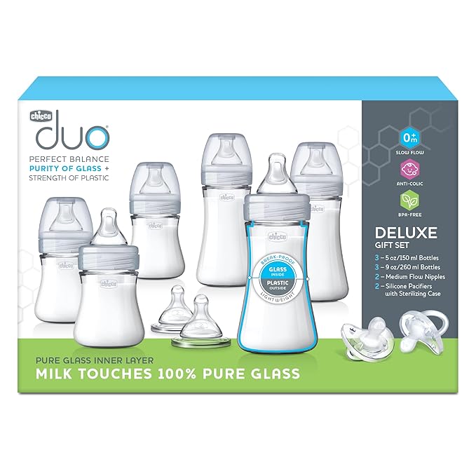 Chicco Duo Deluxe Hybrid Baby Bottle Starter Gift Set with Invinci-Glass Inside and Plastic Outside | Dishwasher, Bottle Warmer, and Electric Sterilizer Safe | Intui-Latch Nipple | Clear/Grey
