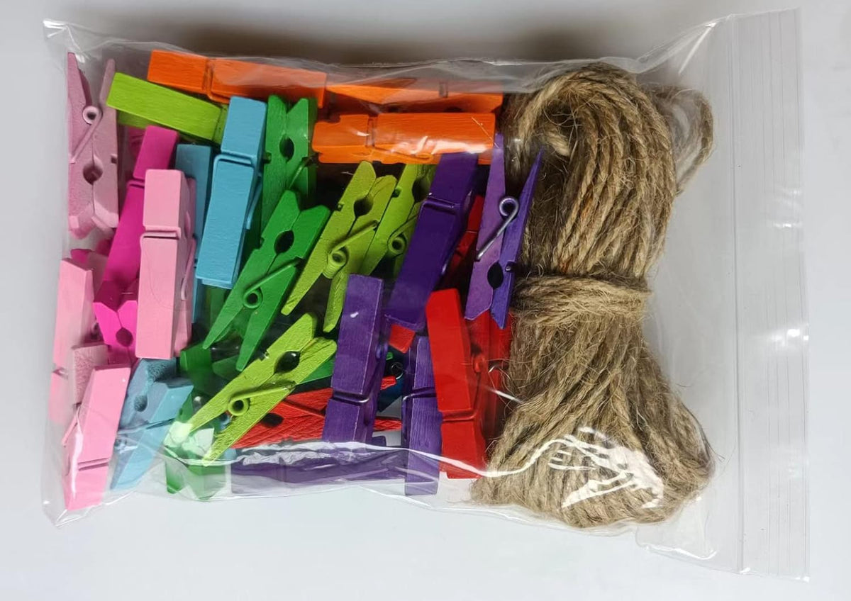 Durreus Colorful Small Clothes Pins Photos String Display with Clips Art Hanging Kit for Artwork 50Pcs