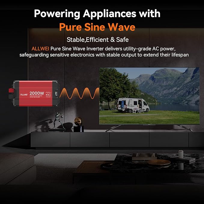 ALLWEI 2000W Pure Sine Wave Inverter 12V DC to 110V/120V AC Converter, Surge 4000W, 2 AC Sockets, LCD Display, Power Inverters for Vehicles, RV Truck Home Solar & Off-Grid Inverter, Remote Controller