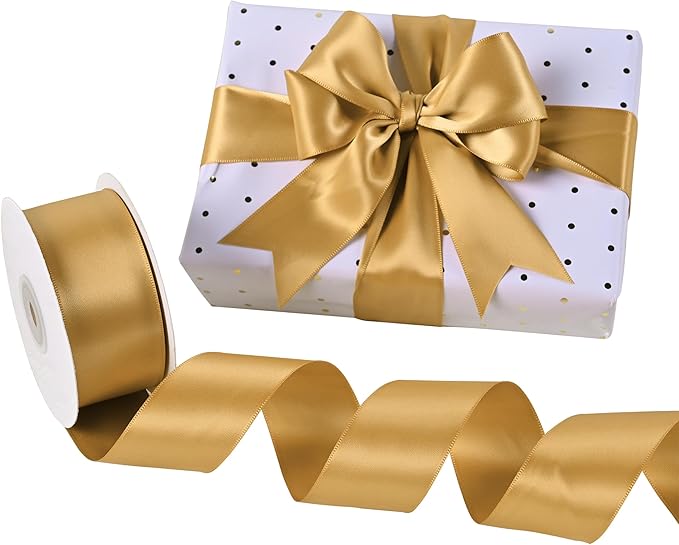 Old Gold Satin Ribbon 1-1/2" X 50 Yards Solid Color Double Faced Ribbons Perfect for Crafts Wedding Decor Bow Making Arts Sewing and More