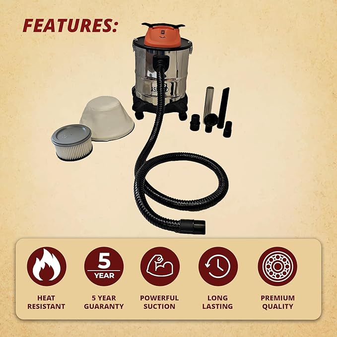 Pellethead Ash Vault Pro | 10-Amp Ash Vacuum for Fireplaces, Pellet Stoves & BBQs – 5-Gal Capacity, Dual HEPA, Heat-Resistant Hose, Steel Tank