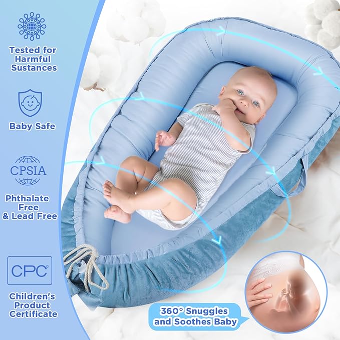 Baby Lounger - Baby Lounger for Newborn 0-24 Months, Breathable & Soft Cotton and Velvet Cover Baby Nest, Portable Tummy Time Lounger for Home and Travel, Ideal Baby Essentials & Shower Gifts