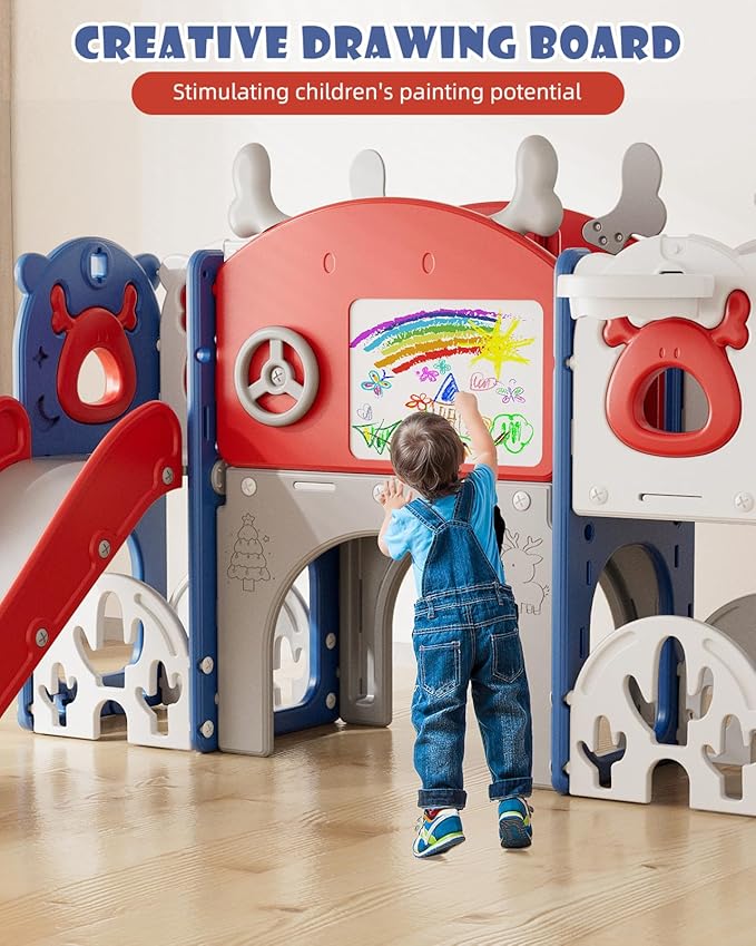 XJD 13 in 1 Toddler Slide Set, Kids Slide for Toddlers Age 1+, New Upgrade with Golf Set, Basketball Hoop, Drawing Board for Indoor Outdoor Playset,Toddler Playground (Blue Red)