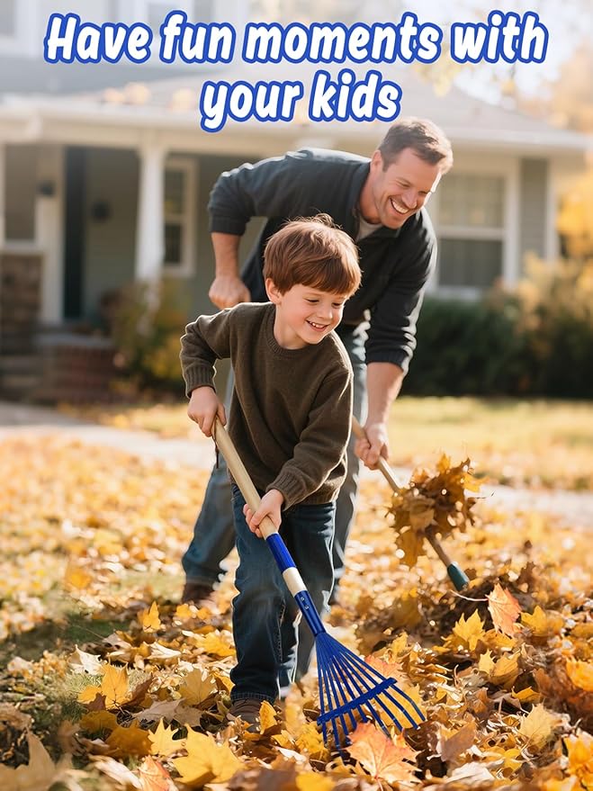 Kids Friendly Rakes for Leaves - 28" Child Size Small Rake with Durable Metal Head & Hardwood Handle, Real Lawn Garden Yard Tools for 3+ Years Kids Enjoy Helping Work Gifts (Blue)