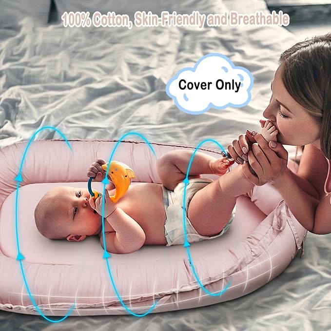 Baby Lounger Cover Only for Newborns, 100% Cotton Soft Portable Baby Nest Lounger Cover, Breathable Infant Lounger Replacement Cover, Lounger Pillow Cover Fit for Snuggle Me, Cover Only(Pink)