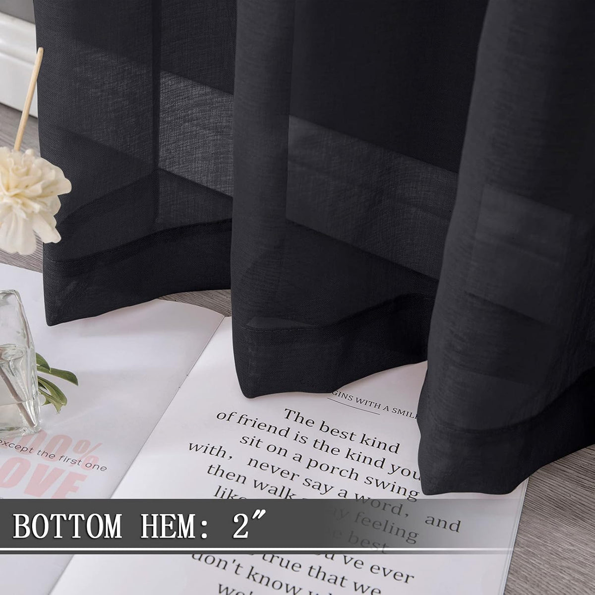 Tollpiz Sheer Curtains Linen Textured Bedroom Curtain Sheers Light Filtering Rod Pocket Voile Curtains for Living Room, 54 x 84 inches Long, Black, Set of 2 Panels