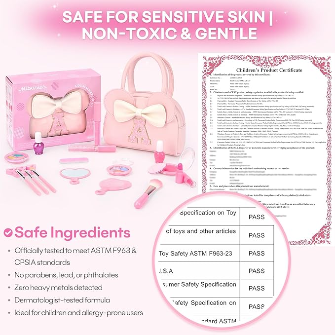 Kids Real Makeup Kit for Girls - 18Pcs Non-Toxic Washable Make Up Toys with Initial Toddler Purse - Personalized Birthday Gifts for Age 3 4 5 6 7 8 9 10 Years Old Girls Vanity Set - R