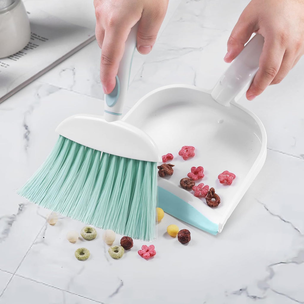 NACENA Small Dust Pan and Brush Set, Mini Broom and Dustpan Set Small Hand Broom and Brush Combo Dust Pan with Teeth for Home Cleaning Drawers Desktop Sofas Pet Care and Outdoor, Blue